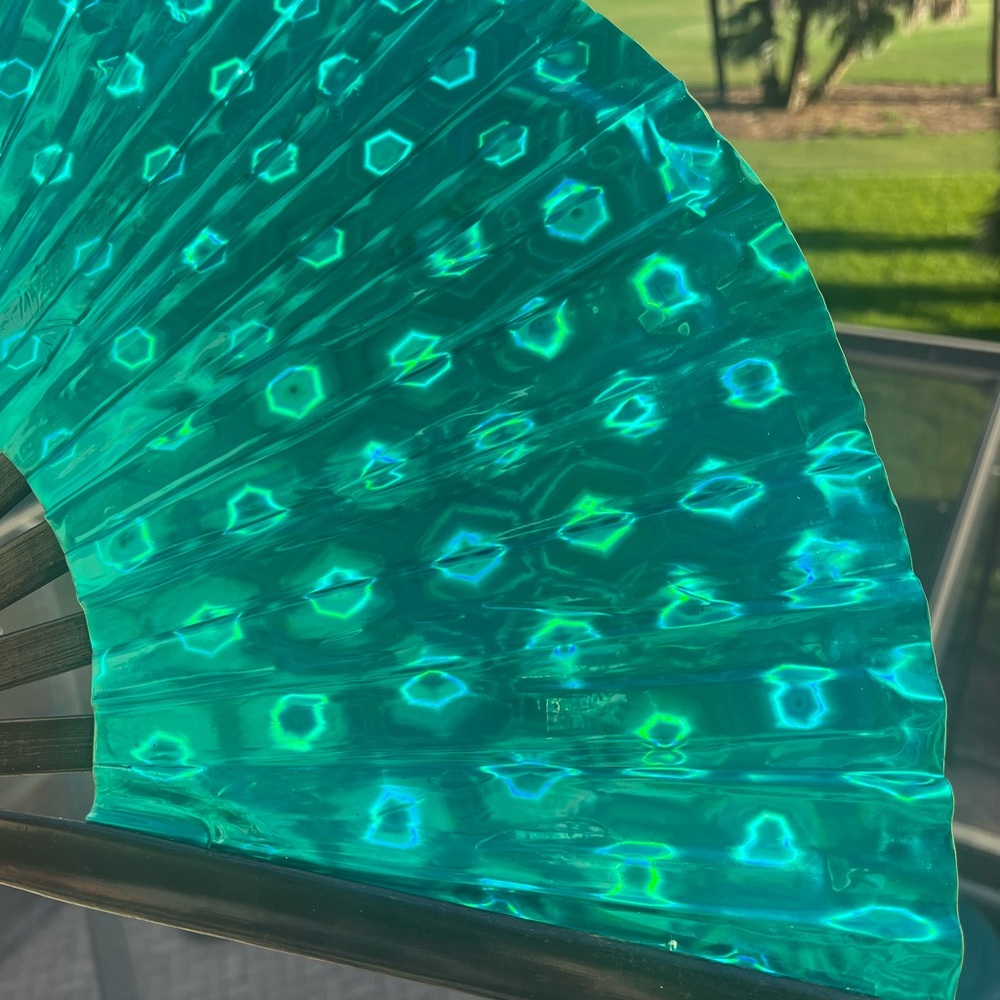 Green Holographic Peacock Design Rave Foldable Fan for Edm, Music Festival, EDC - Picture 3 of 3